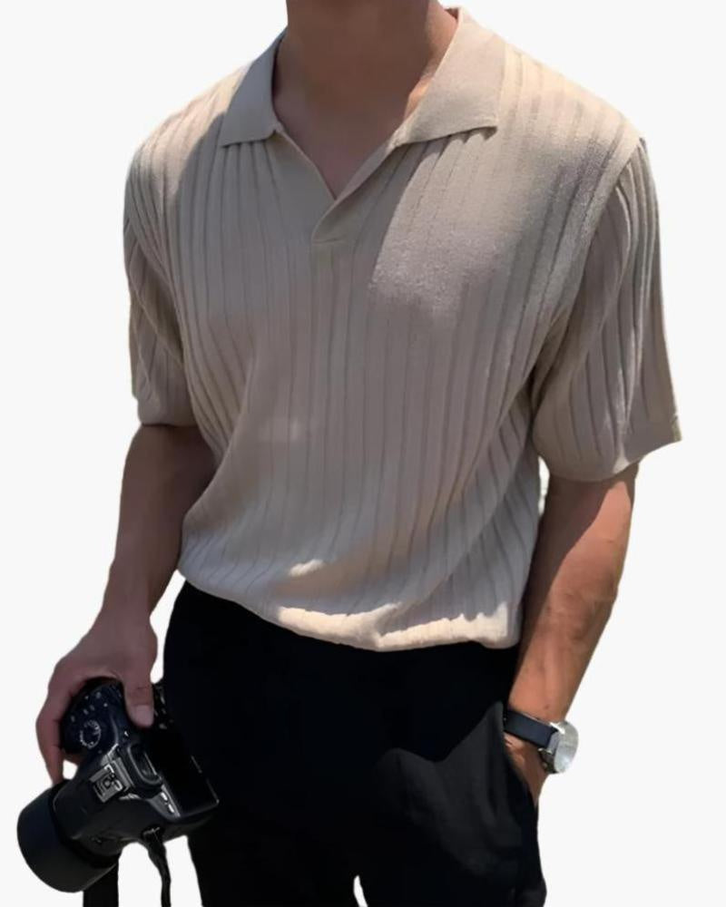 Ribbed Cotton Polo Shirt with Mesh Knit, Short Sleeve - Beige
