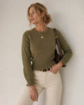 Ribbed Jumper with Round Neck and Scalloped Cuff Edges - Green