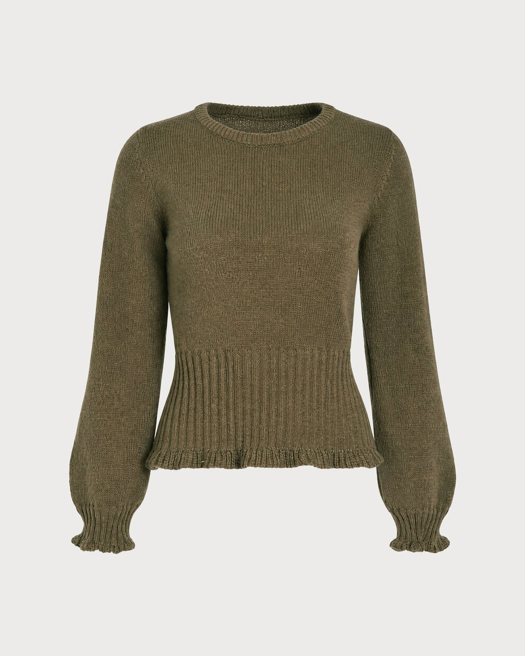 Ribbed Jumper with Round Neck and Scalloped Cuff Edges - Green