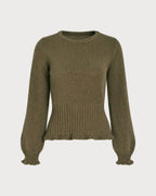 Ribbed Jumper with Round Neck and Scalloped Cuff Edges - Green