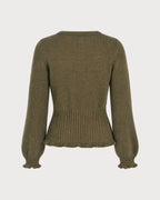 Ribbed Jumper with Round Neck and Scalloped Cuff Edges - Green