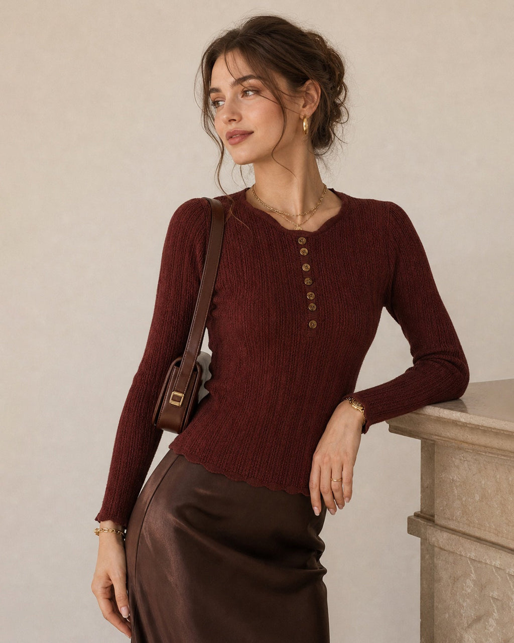 Ribbed Jumper with Scalloped Neckline and Button Placket - Coffee