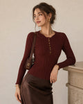 Ribbed Jumper with Scalloped Neckline and Button Placket - Coffee