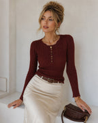 Ribbed Jumper with Scalloped Neckline and Button Placket - Coffee