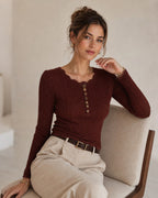 Ribbed Jumper with Scalloped Neckline and Button Placket - Coffee