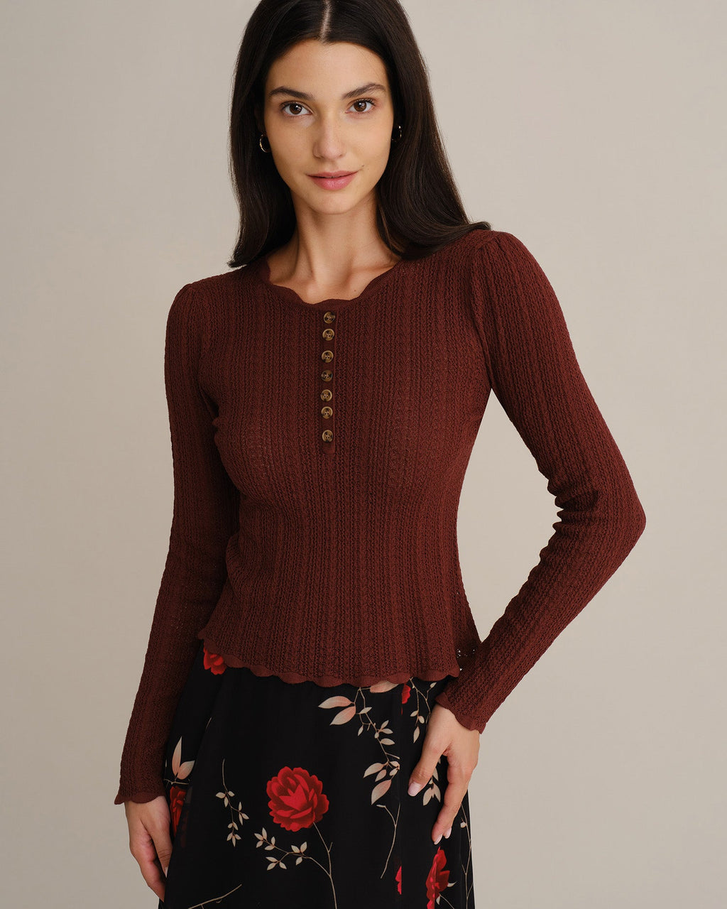 Ribbed Jumper with Scalloped Neckline and Button Placket - Coffee