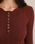 Ribbed Jumper with Scalloped Neckline and Button Placket - Coffee