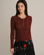 Ribbed Jumper with Scalloped Neckline and Button Placket - Coffee