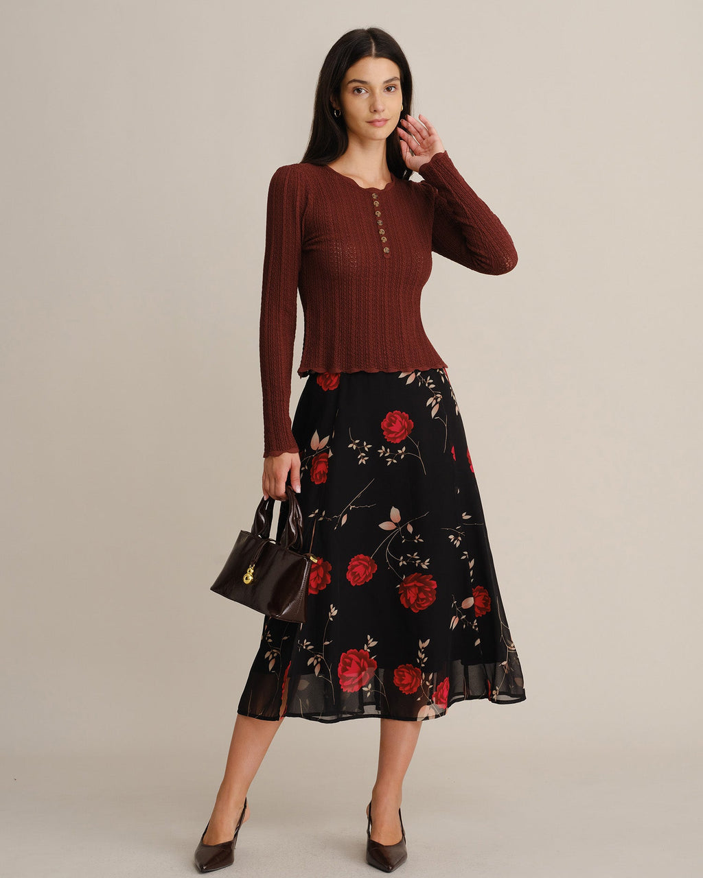 Ribbed Jumper with Scalloped Neckline and Button Placket - Coffee