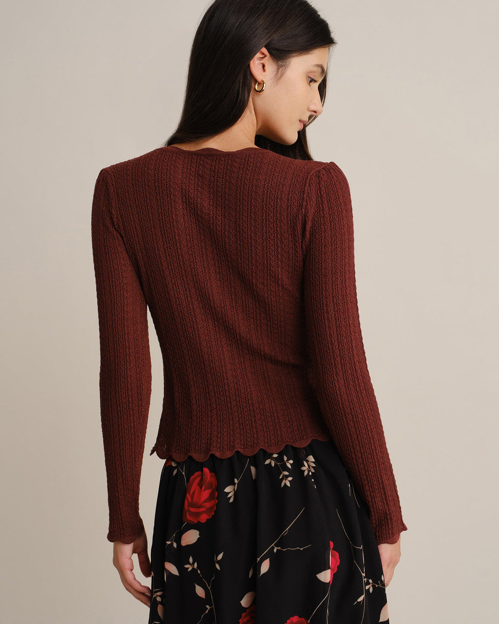 Ribbed Jumper with Scalloped Neckline and Button Placket - Coffee