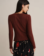 Ribbed Jumper with Scalloped Neckline and Button Placket - Coffee