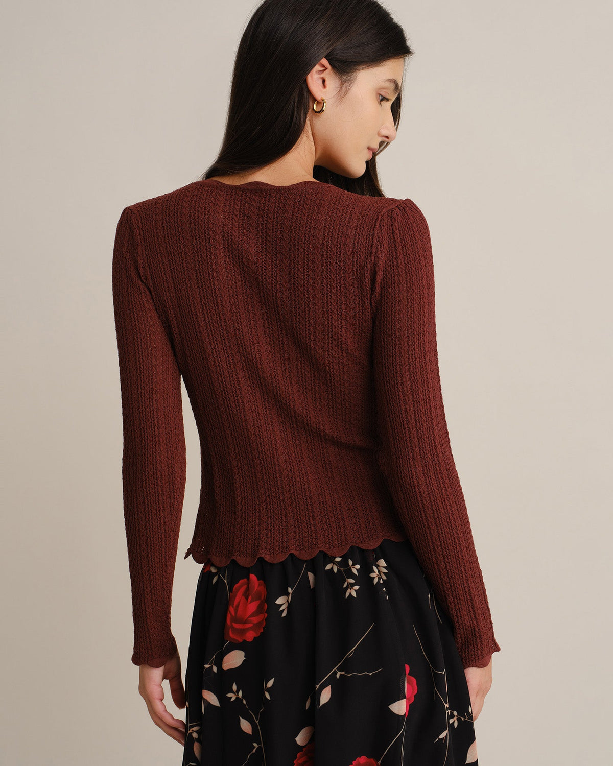 Ribbed Jumper with Scalloped Neckline and Button Placket - Coffee