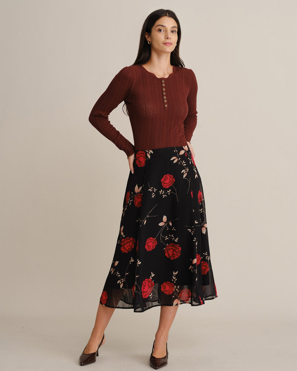 Ribbed Jumper with Scalloped Neckline and Button Placket - Coffee