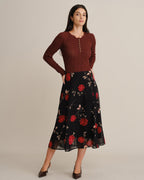 Ribbed Jumper with Scalloped Neckline and Button Placket - Coffee