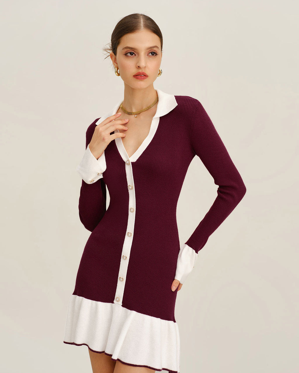 Ribbed Knit Dress with Contrast Collar and Pleated Hem - Wine Red