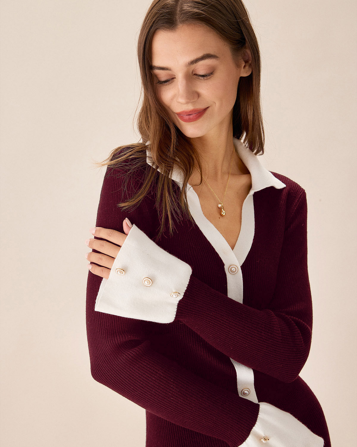 Ribbed Knit Dress with Contrast Collar and Pleated Hem - Wine Red