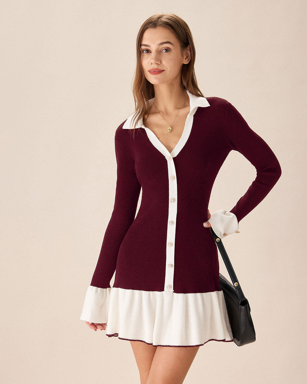 Ribbed Knit Dress with Contrast Collar and Pleated Hem - Wine Red