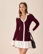 Ribbed Knit Dress with Contrast Collar and Pleated Hem - Wine Red