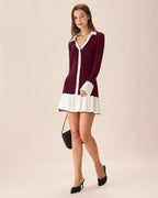 Ribbed Knit Dress with Contrast Collar and Pleated Hem - Wine Red