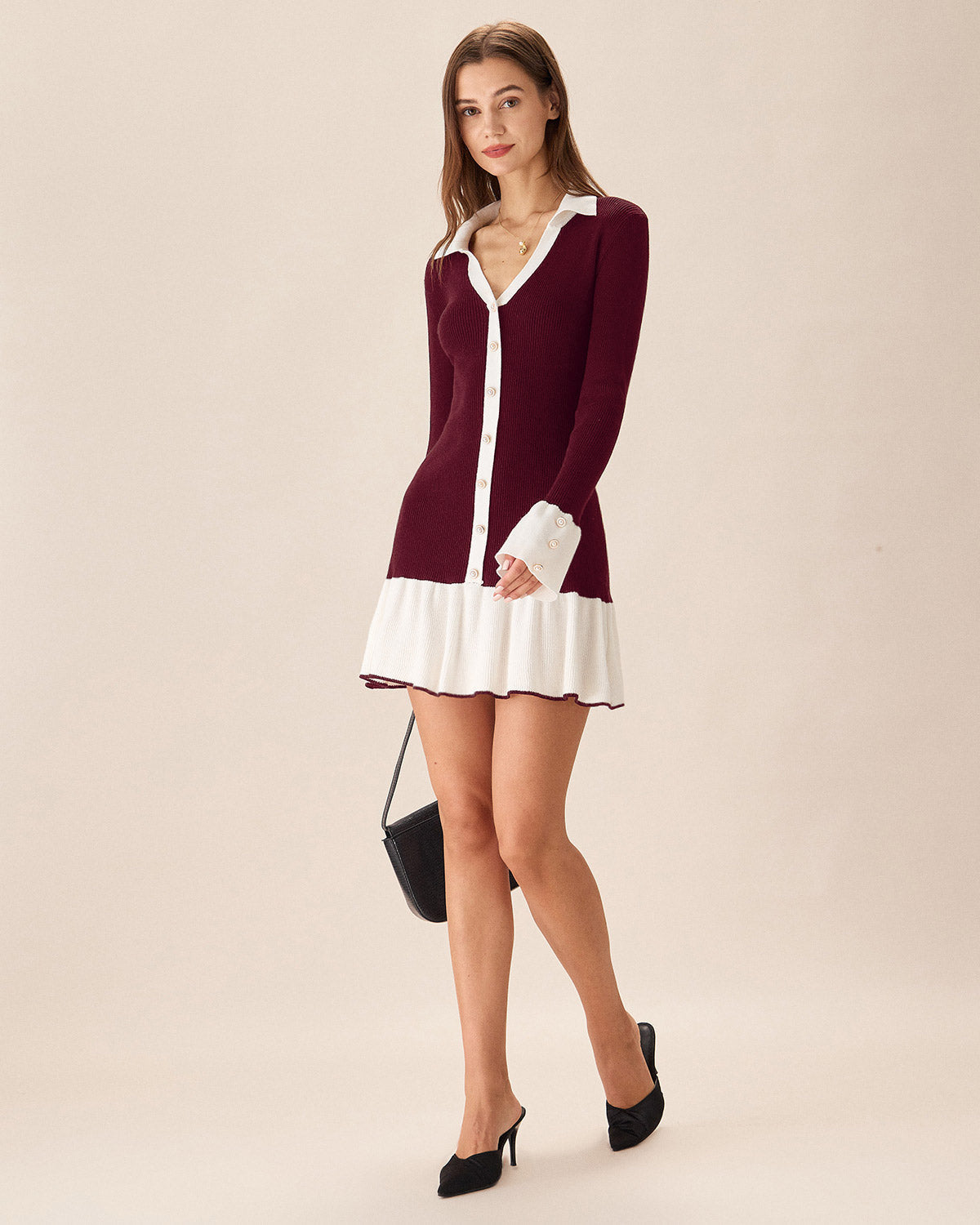 Ribbed Knit Dress with Contrast Collar and Pleated Hem - Wine Red