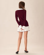 Ribbed Knit Dress with Contrast Collar and Pleated Hem - Wine Red