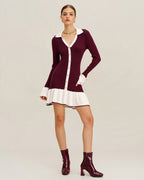 Ribbed Knit Dress with Contrast Collar and Pleated Hem - Wine Red