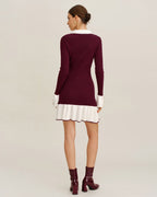 Ribbed Knit Dress with Contrast Collar and Pleated Hem - Wine Red