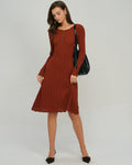 Ribbed Knit Dress with Scalloped Hem and Button Placket - Brown