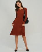 Ribbed Knit Dress with Scalloped Hem and Button Placket - Brown