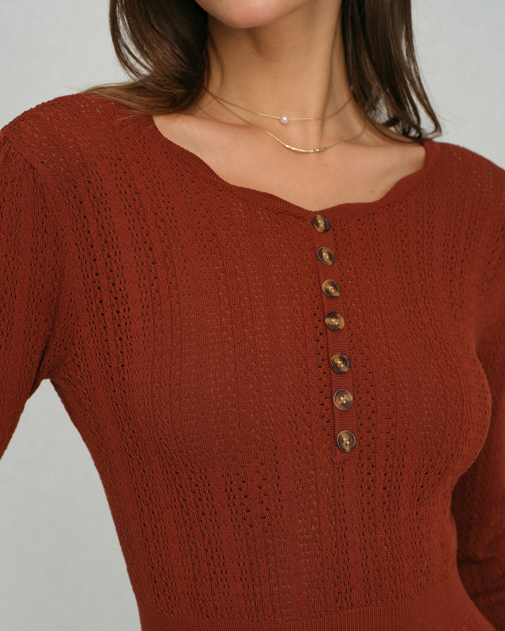 Ribbed Knit Dress with Scalloped Hem and Button Placket - Brown