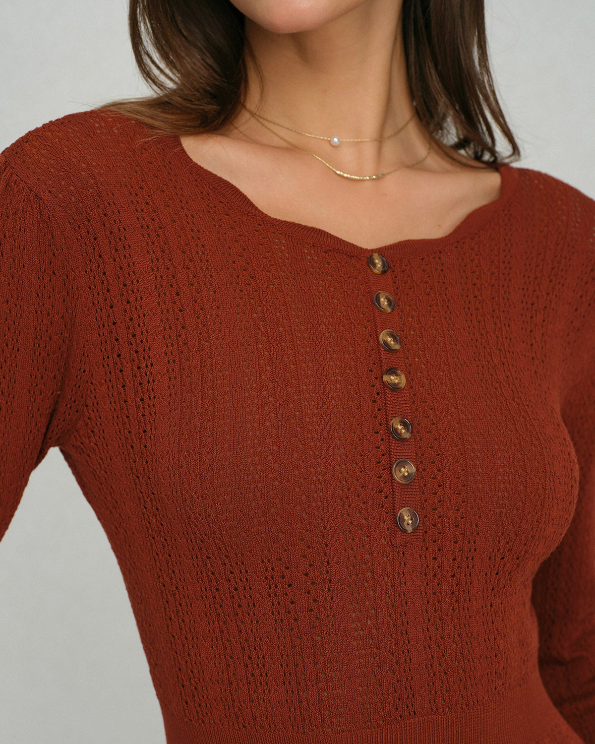 Ribbed Knit Dress with Scalloped Hem and Button Placket - Brown