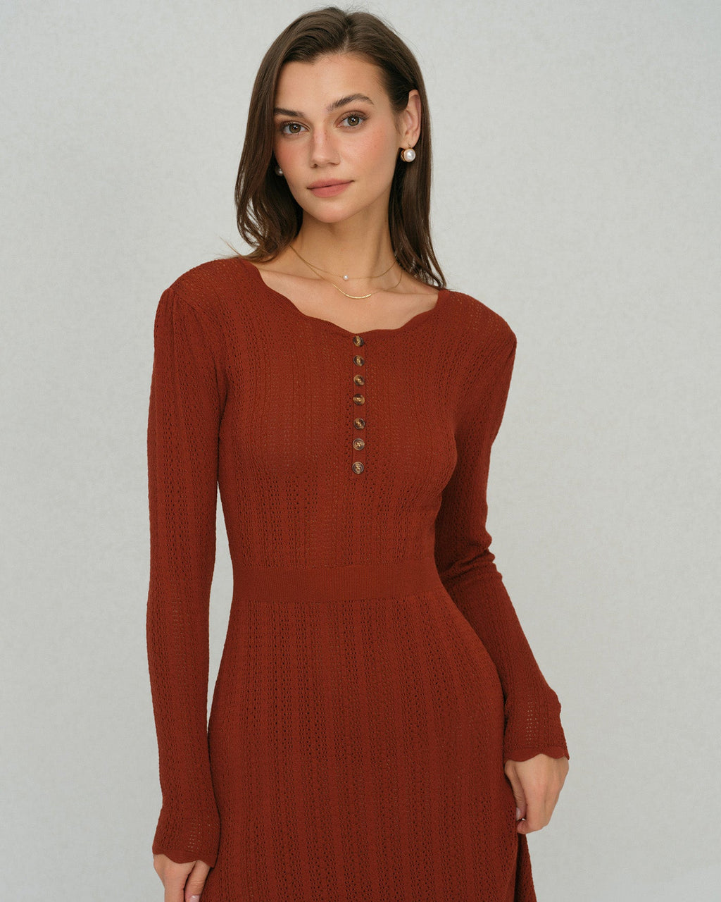 Ribbed Knit Dress with Scalloped Hem and Button Placket - Brown