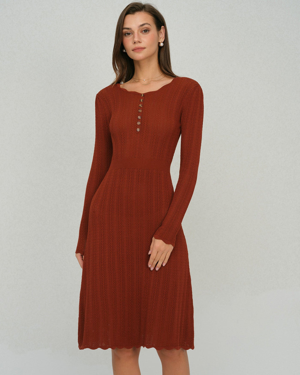 Ribbed Knit Dress with Scalloped Hem and Button Placket - Brown