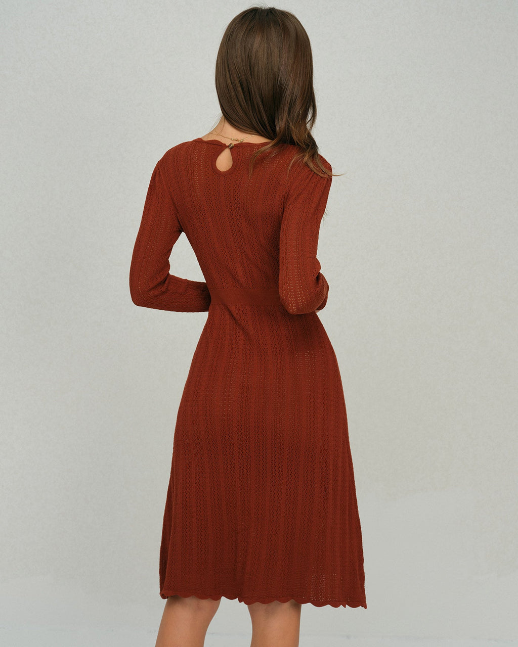 Ribbed Knit Dress with Scalloped Hem and Button Placket - Brown