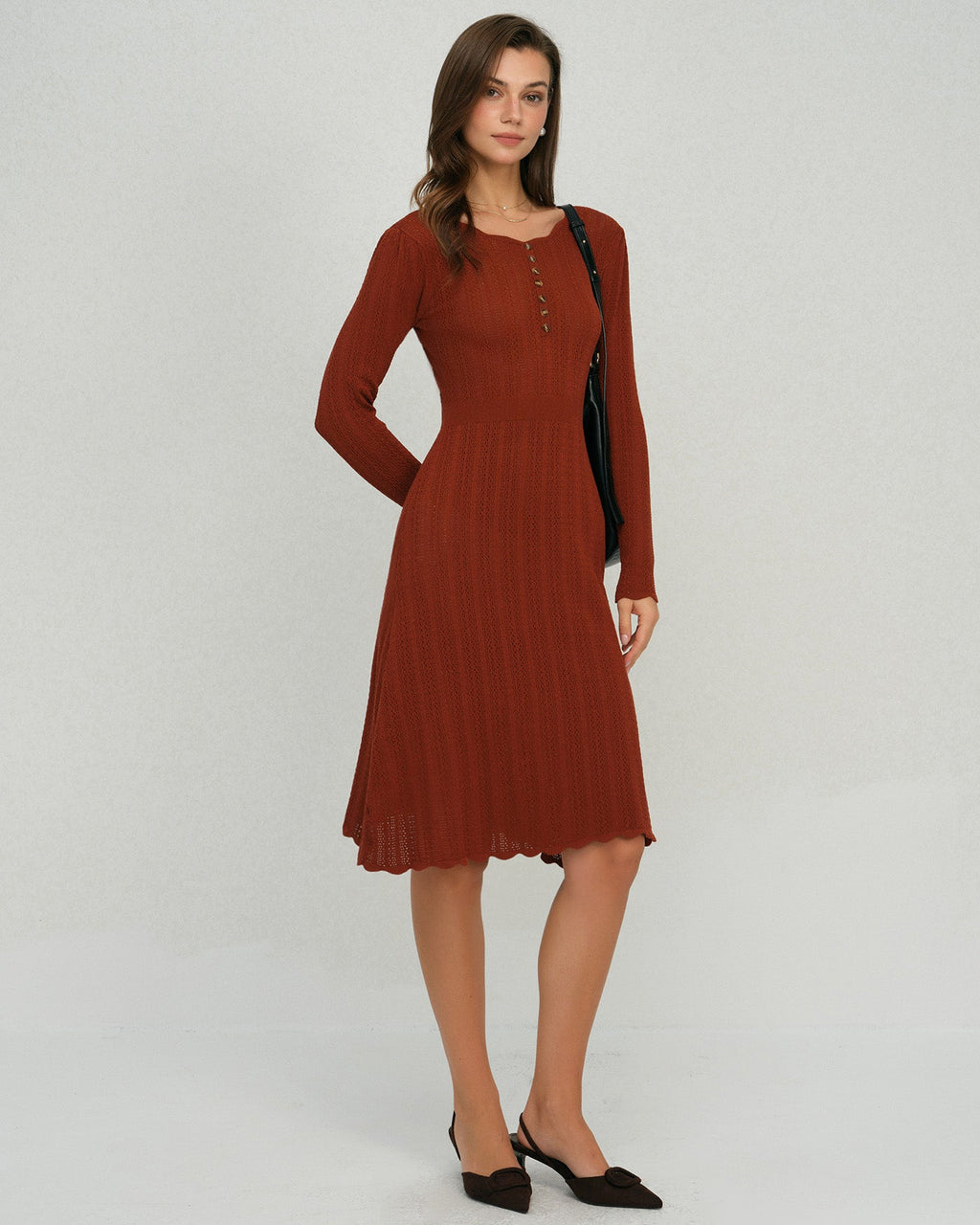Ribbed Knit Dress with Scalloped Hem and Button Placket - Brown