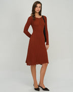 Ribbed Knit Dress with Scalloped Hem and Button Placket - Brown