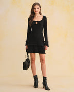 Ribbed Knit Dress with Square Neck and Ruffled Hem - Black