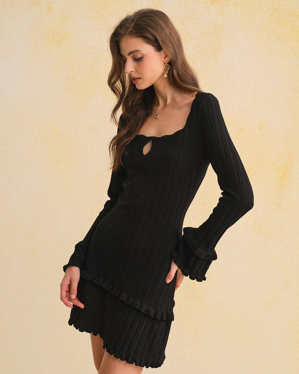 Ribbed Knit Dress with Square Neck and Ruffled Hem - Black