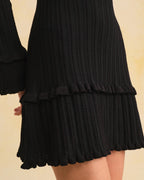 Ribbed Knit Dress with Square Neck and Ruffled Hem - Black