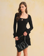 Ribbed Knit Dress with Square Neck and Ruffled Hem - Black