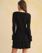 Ribbed Knit Dress with Square Neck and Ruffled Hem - Black