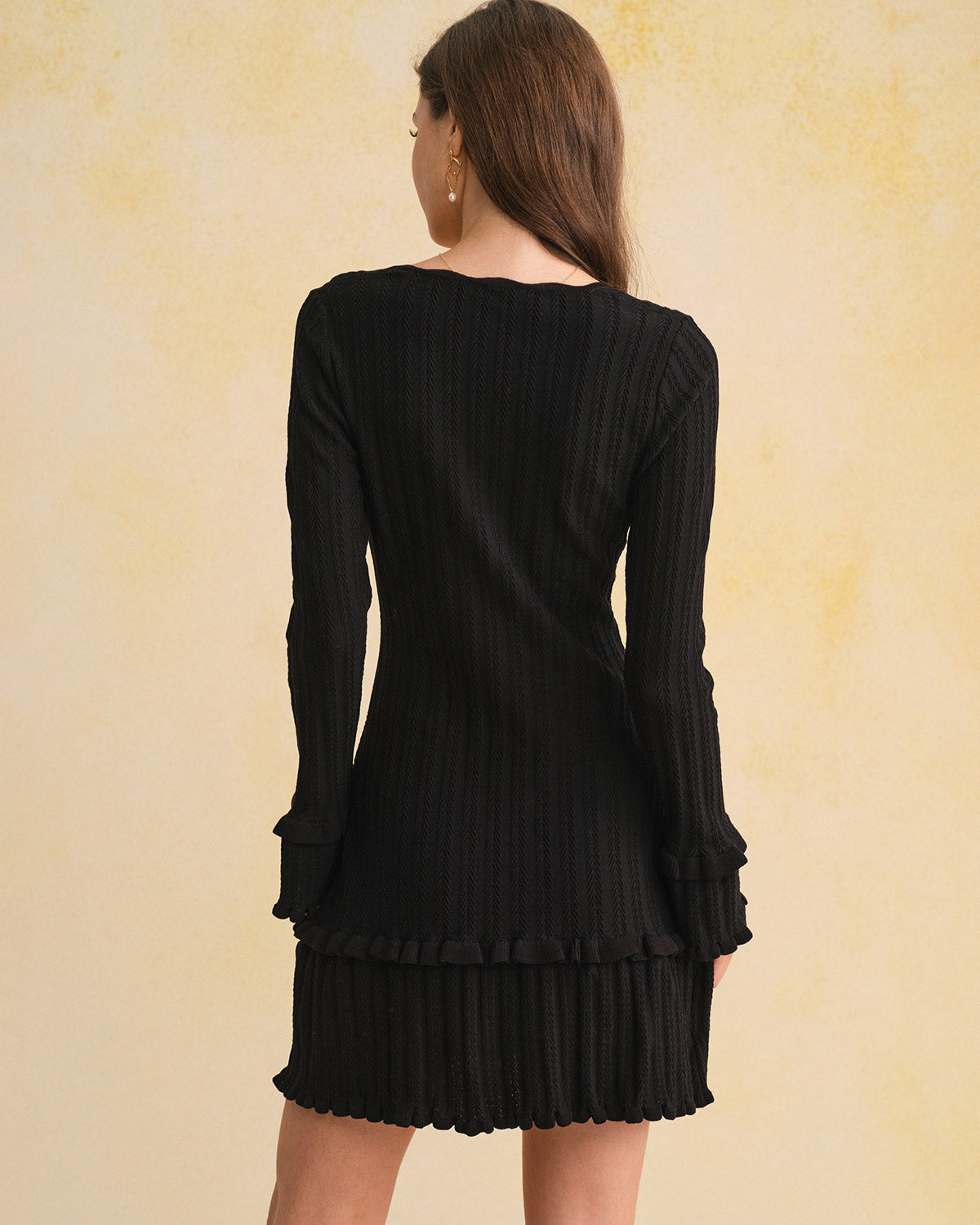 Ribbed Knit Dress with Square Neck and Ruffled Hem - Black