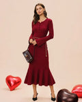 Ribbed Knit Midi Dress with Button Placket and Fluted Hem - Wine Red