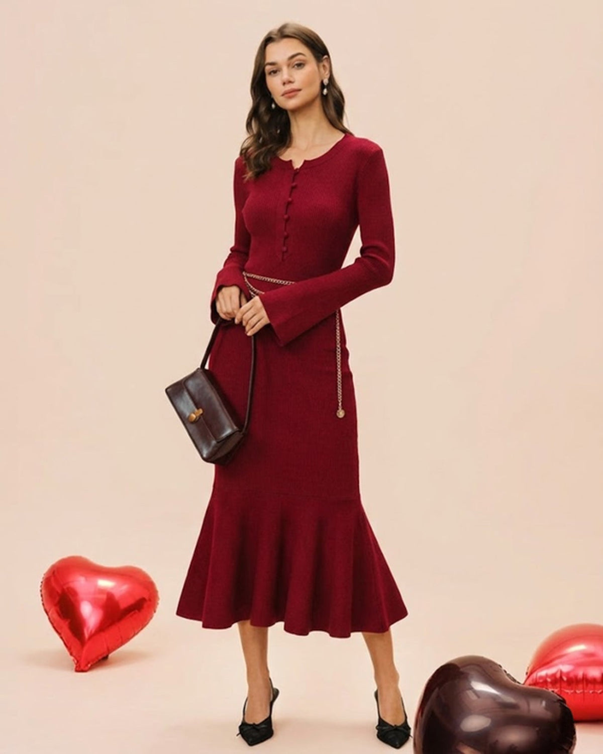 Ribbed Knit Midi Dress with Button Placket and Fluted Hem - Wine Red