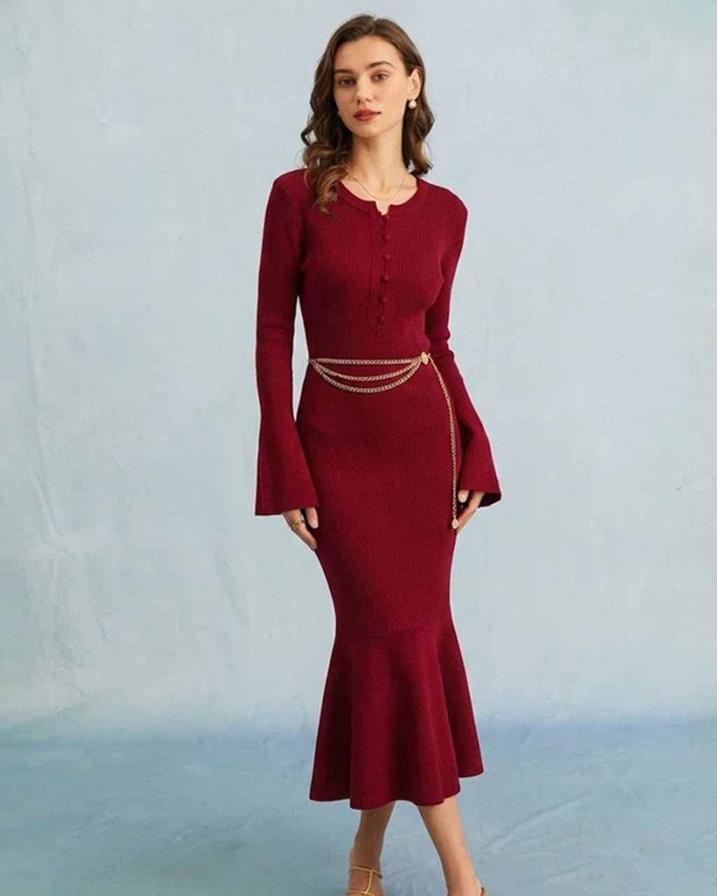 Ribbed Knit Midi Dress with Button Placket and Fluted Hem - Wine Red
