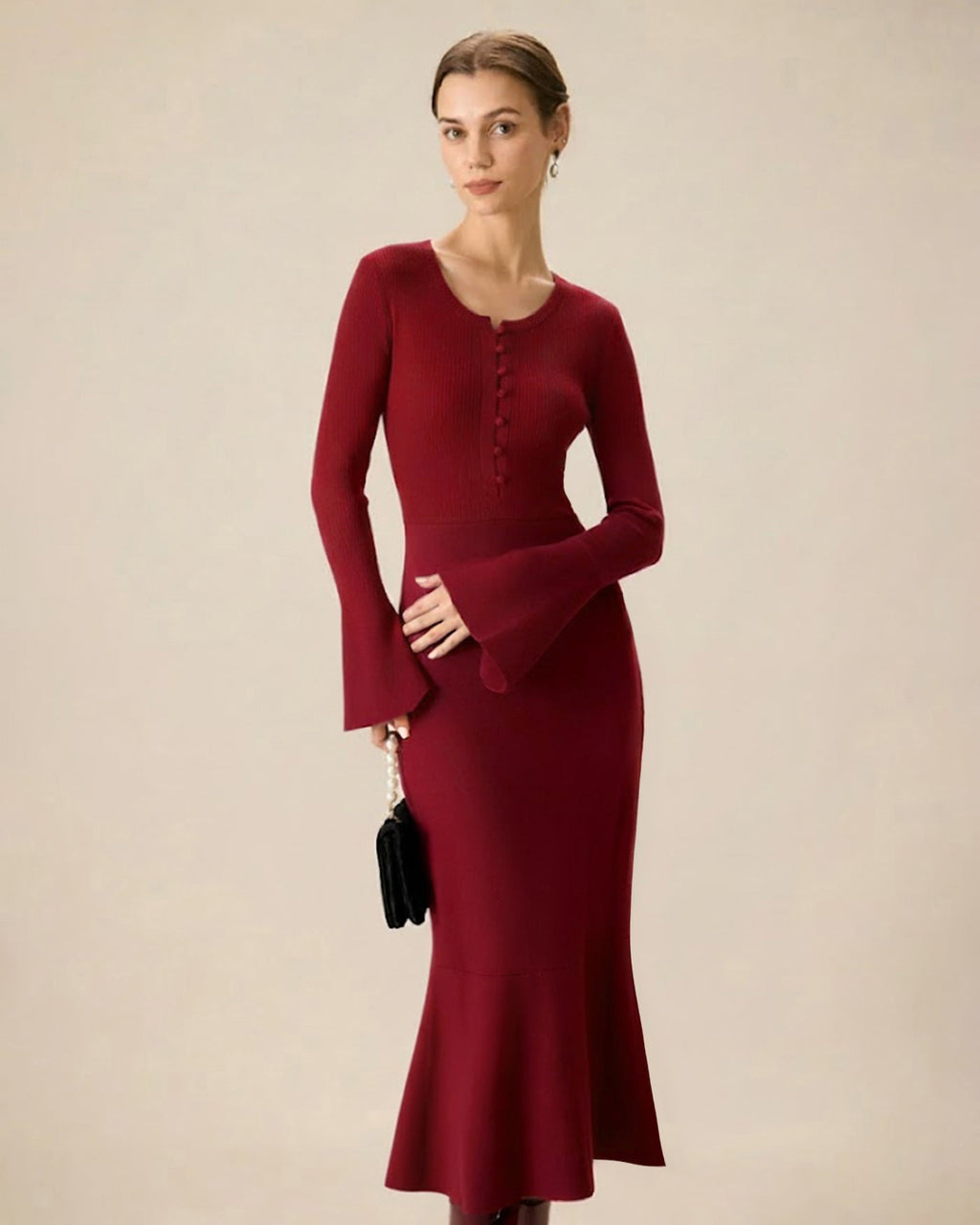 Ribbed Knit Midi Dress with Button Placket and Fluted Hem - Wine Red