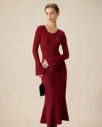 Ribbed Knit Midi Dress with Button Placket and Fluted Hem - Wine Red