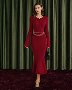 Ribbed Knit Midi Dress with Button Placket and Fluted Hem - Wine Red