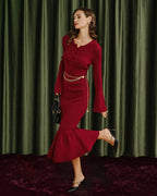 Ribbed Knit Midi Dress with Button Placket and Fluted Hem - Wine Red