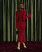 Ribbed Knit Midi Dress with Button Placket and Fluted Hem - Wine Red